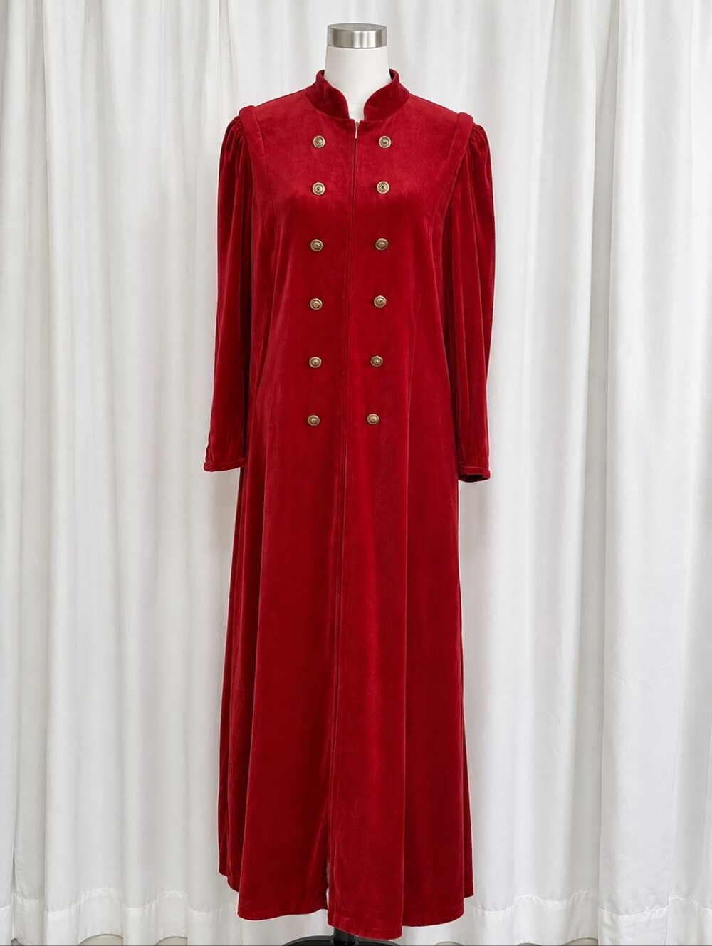 Vintage Third Generation Red Velour Button Accent Zip Front Retro Lounge Robe
